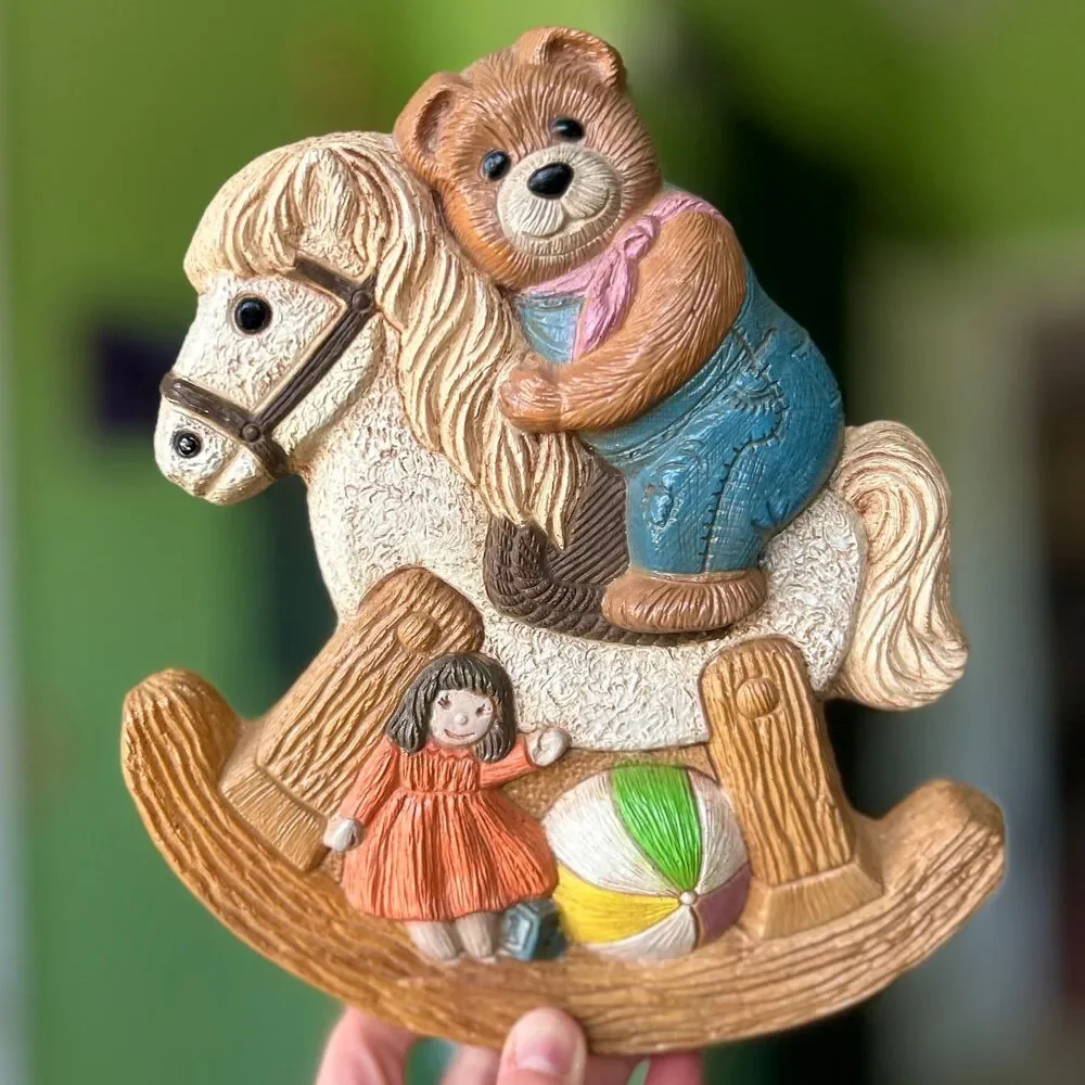VTG Teddy Bear On Rocking Horse Textured 3D Painted Wall Sign Decor